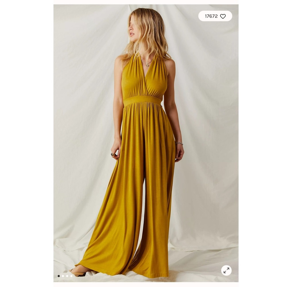 Free People Beach Dani Open Back Chartreuse Halter Wide Leg Jumpsuit Boho M